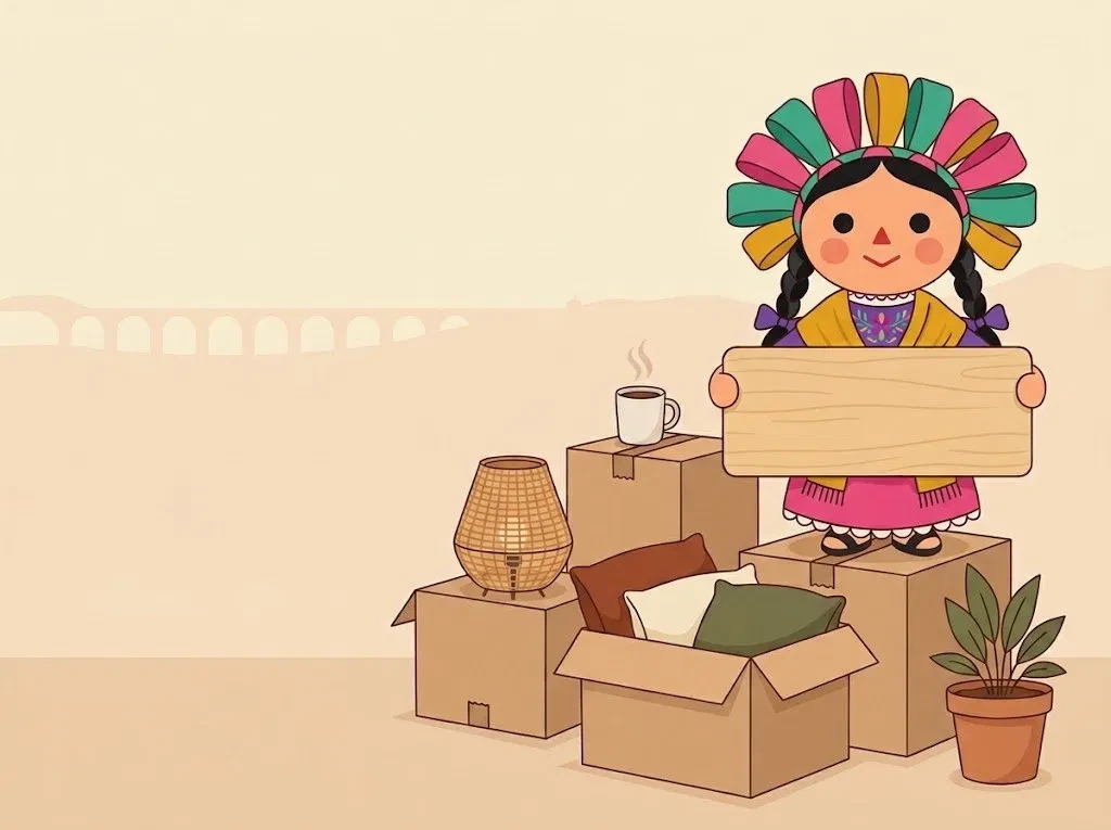 Ilustración de una muñeca tradicional Lele sobre cajas de mudanza, con cojines, una lámpara y un café, y los Arcos de Querétaro al fondo: Cocoro ya llegó a Querétaro y se está preparando para recibirte.